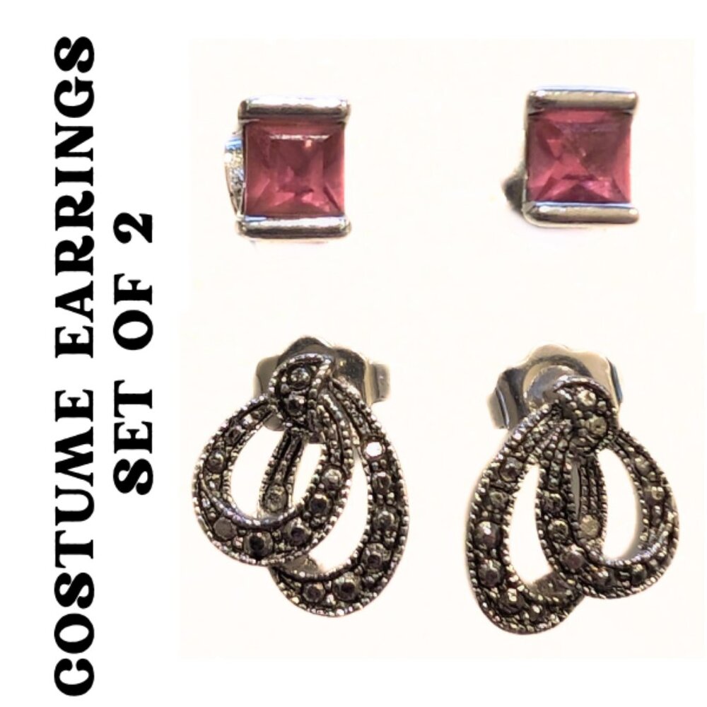 Vintage Pink Gemstone Stud Earring Lot Set of 2 Silver Tone